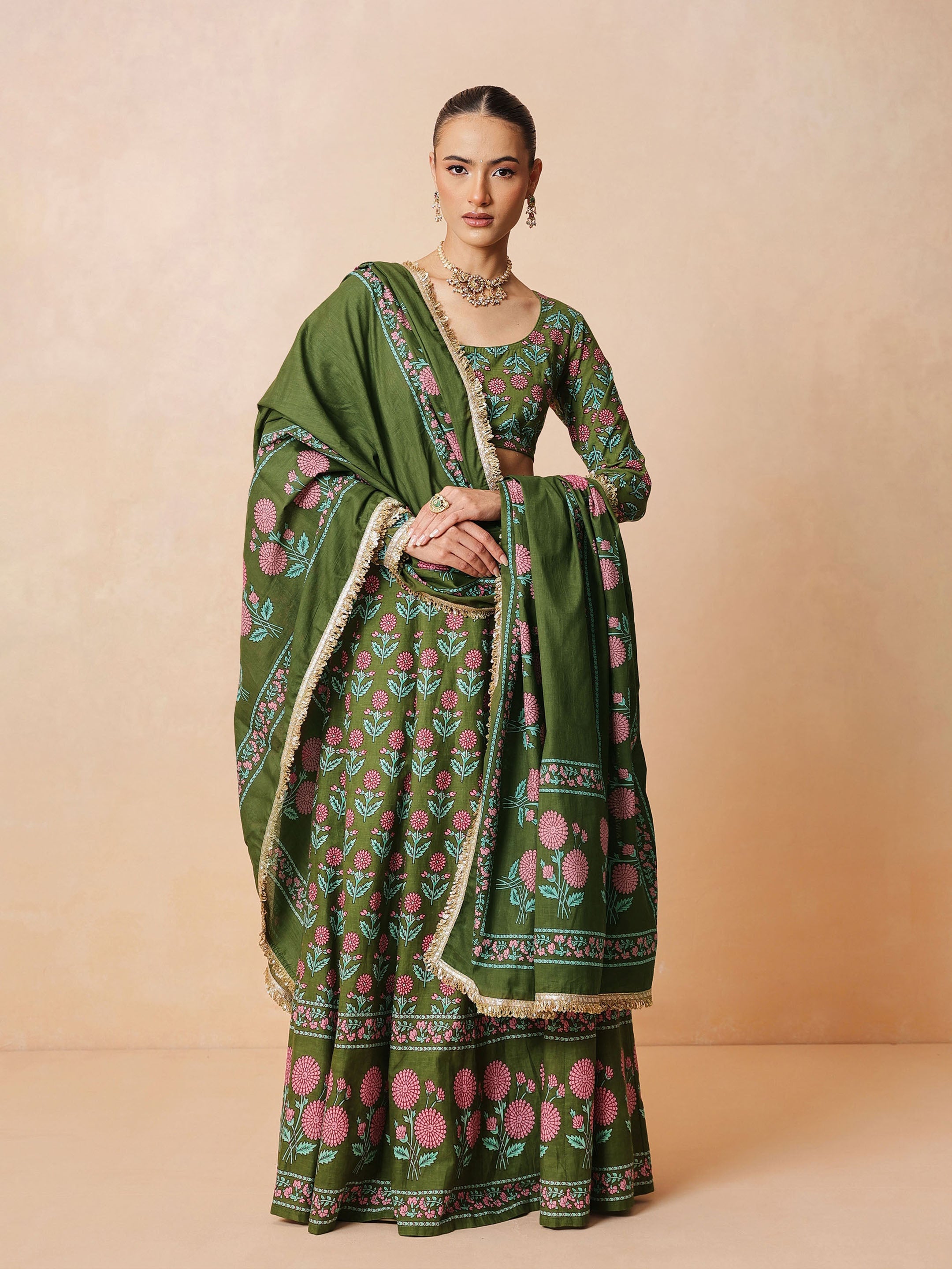 DesiQlo Olive Floral Round Neck Crop Top With Anarkali Skirt & Du