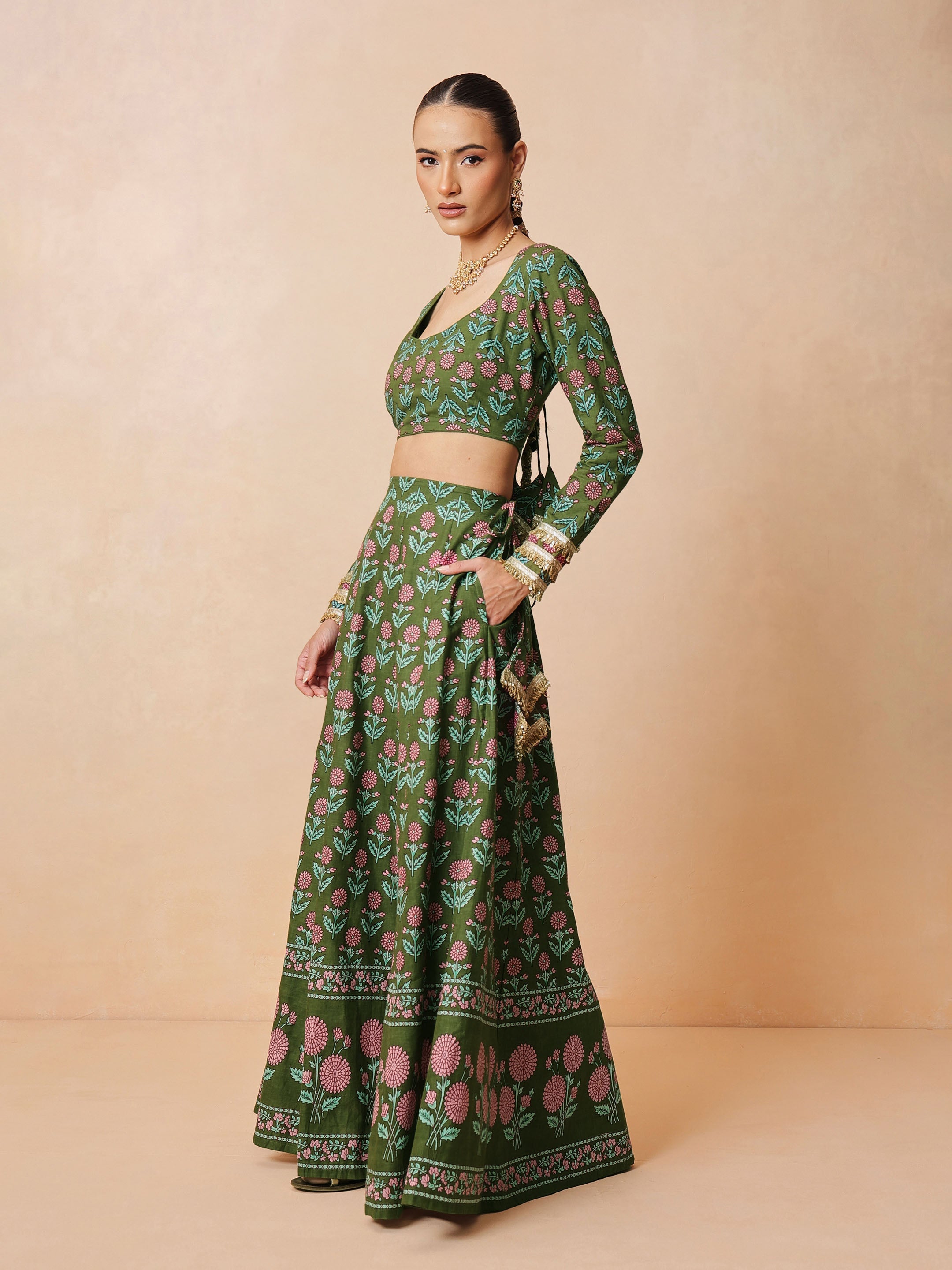 DesiQlo Olive Floral Round Neck Crop Top With Anarkali Skirt & Du