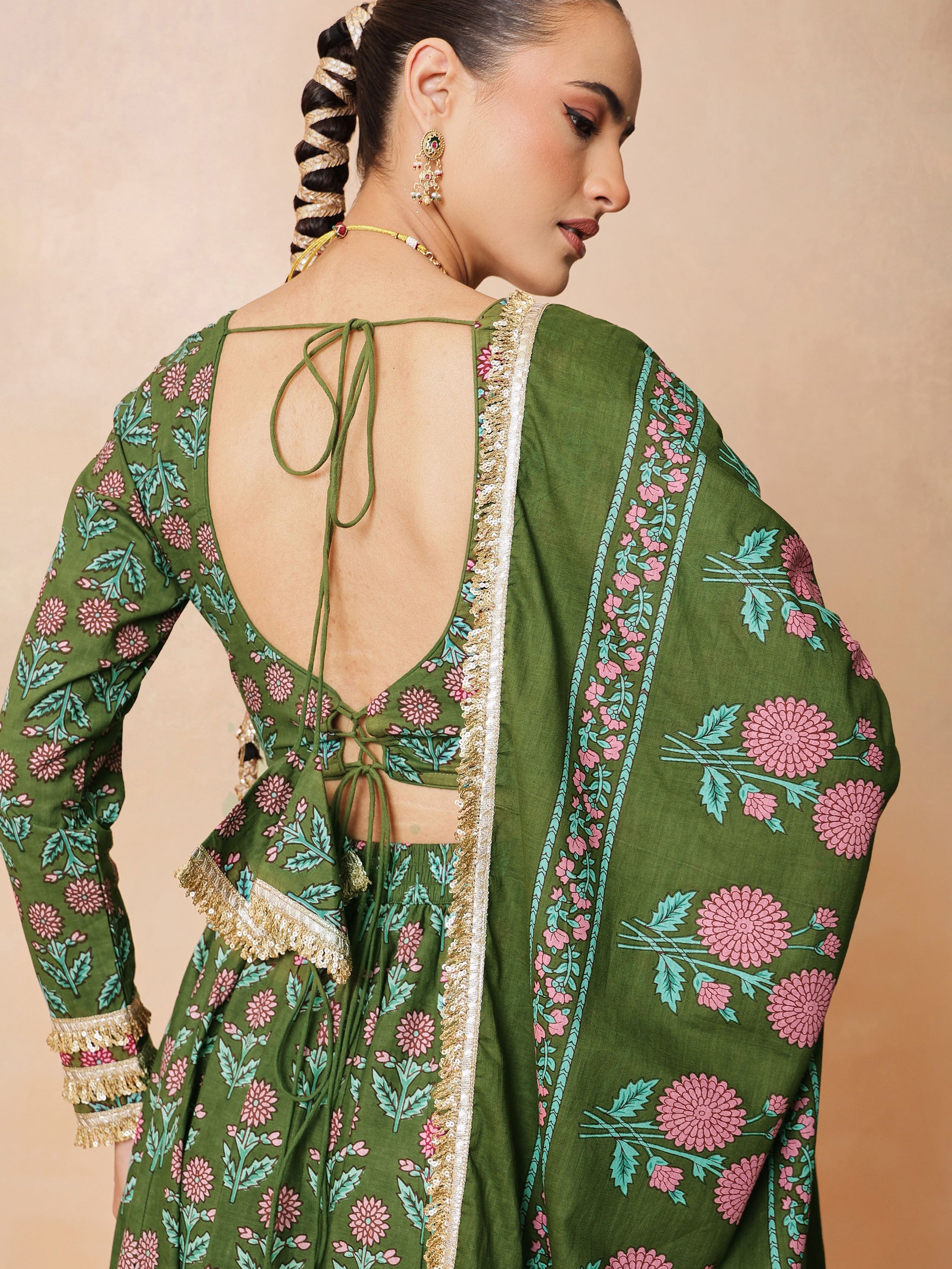 DesiQlo Olive Floral Round Neck Crop Top With Anarkali Skirt & Du