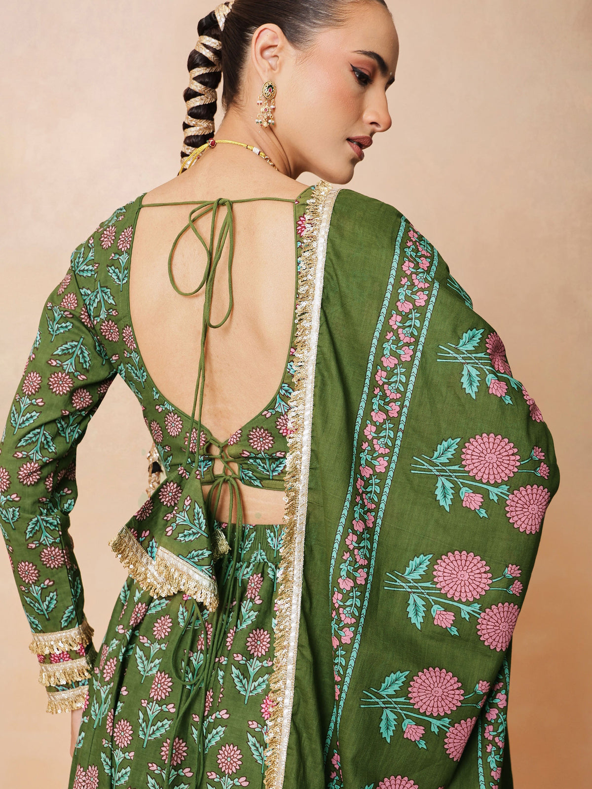 Women Olive Floral Round Neck Crop Top With Anarkali Skirt & Dupatta