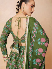 Women Olive Floral Round Neck Crop Top With Anarkali Skirt & Dupatta