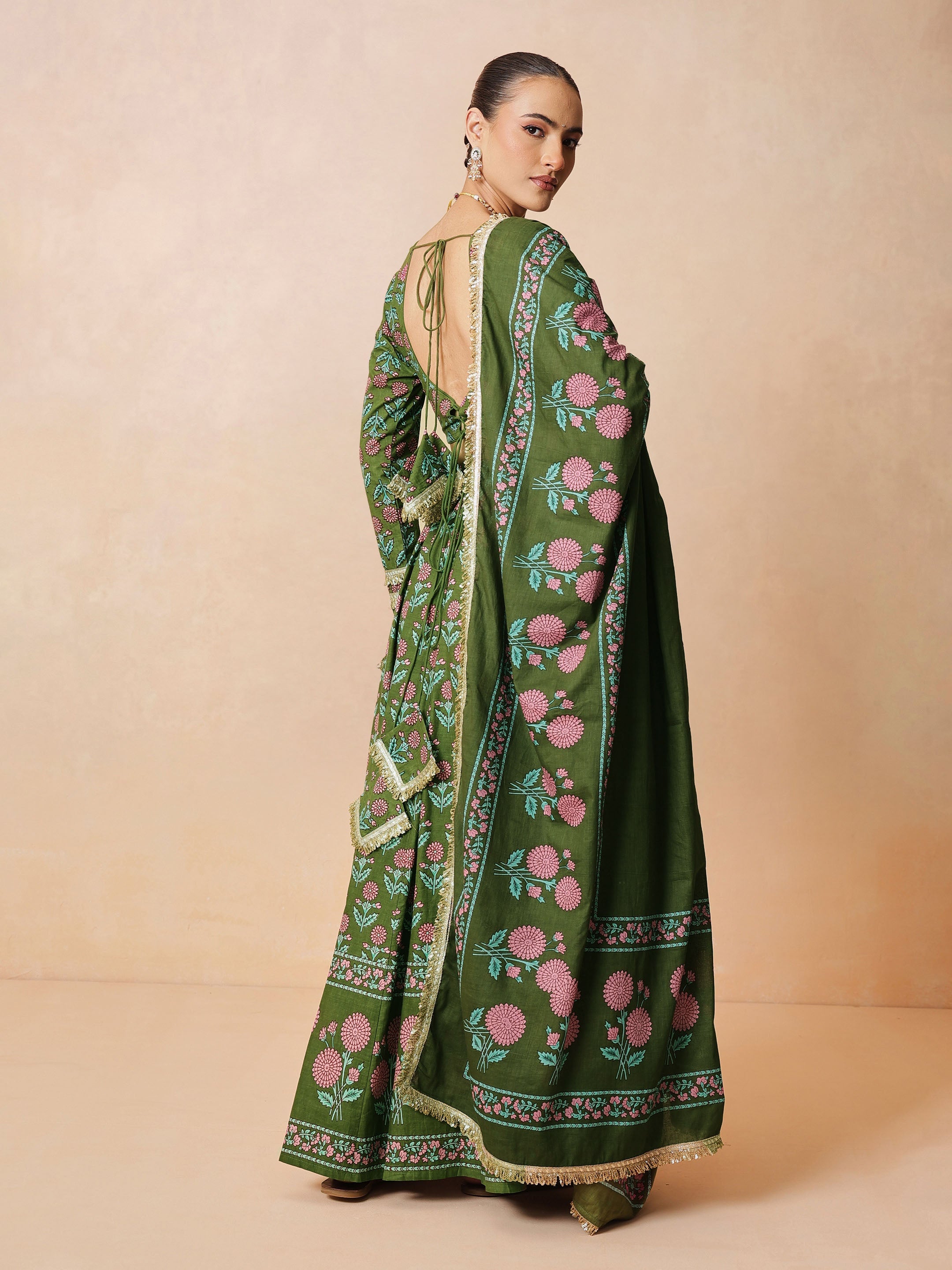 DesiQlo Olive Floral Round Neck Crop Top With Anarkali Skirt & Du