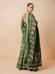Women Olive Floral Round Neck Crop Top With Anarkali Skirt & Dupatta