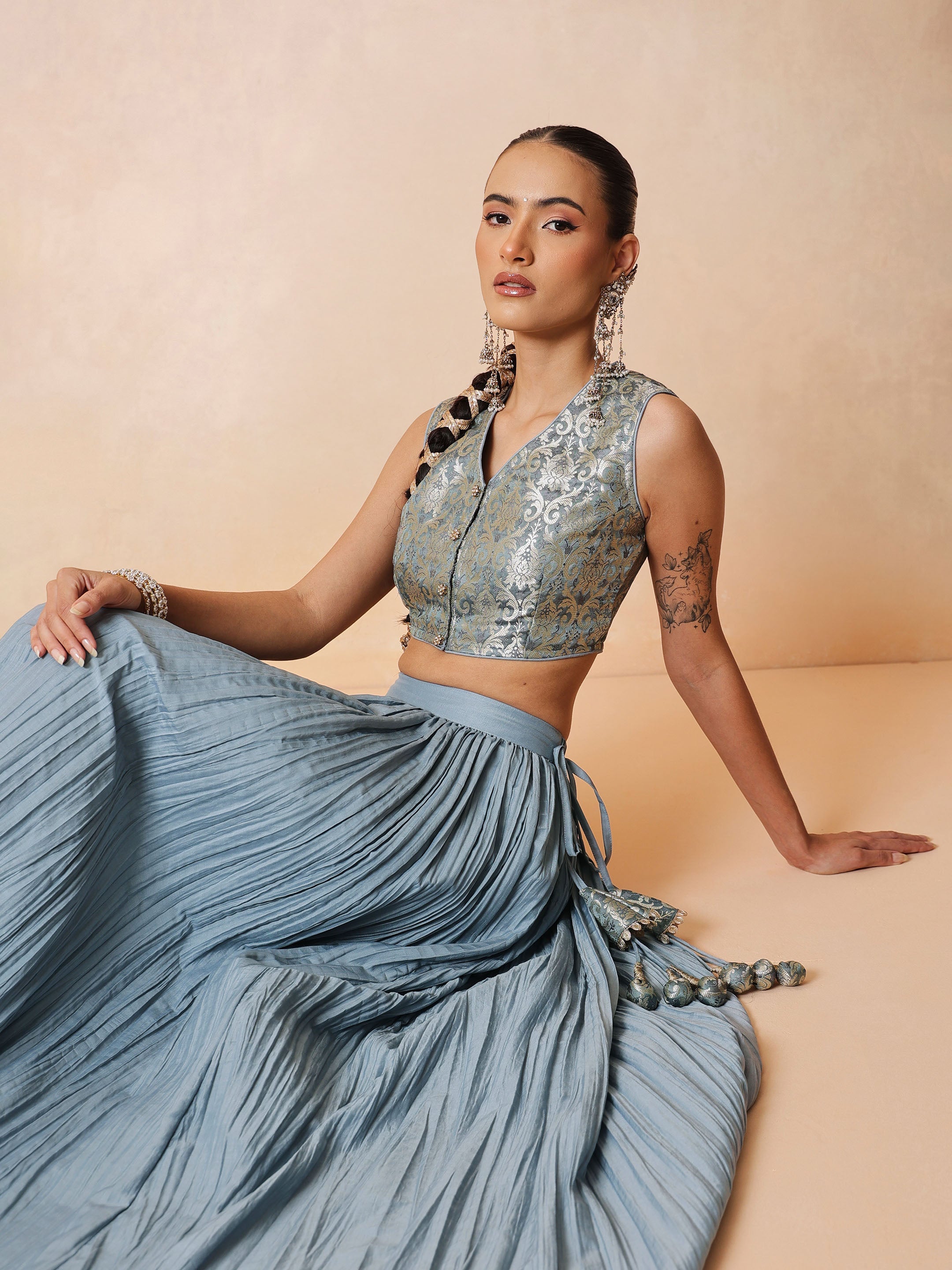 DesiQlo Powder Blue Brocade Sleeveless Crop Top With Pleated Skir