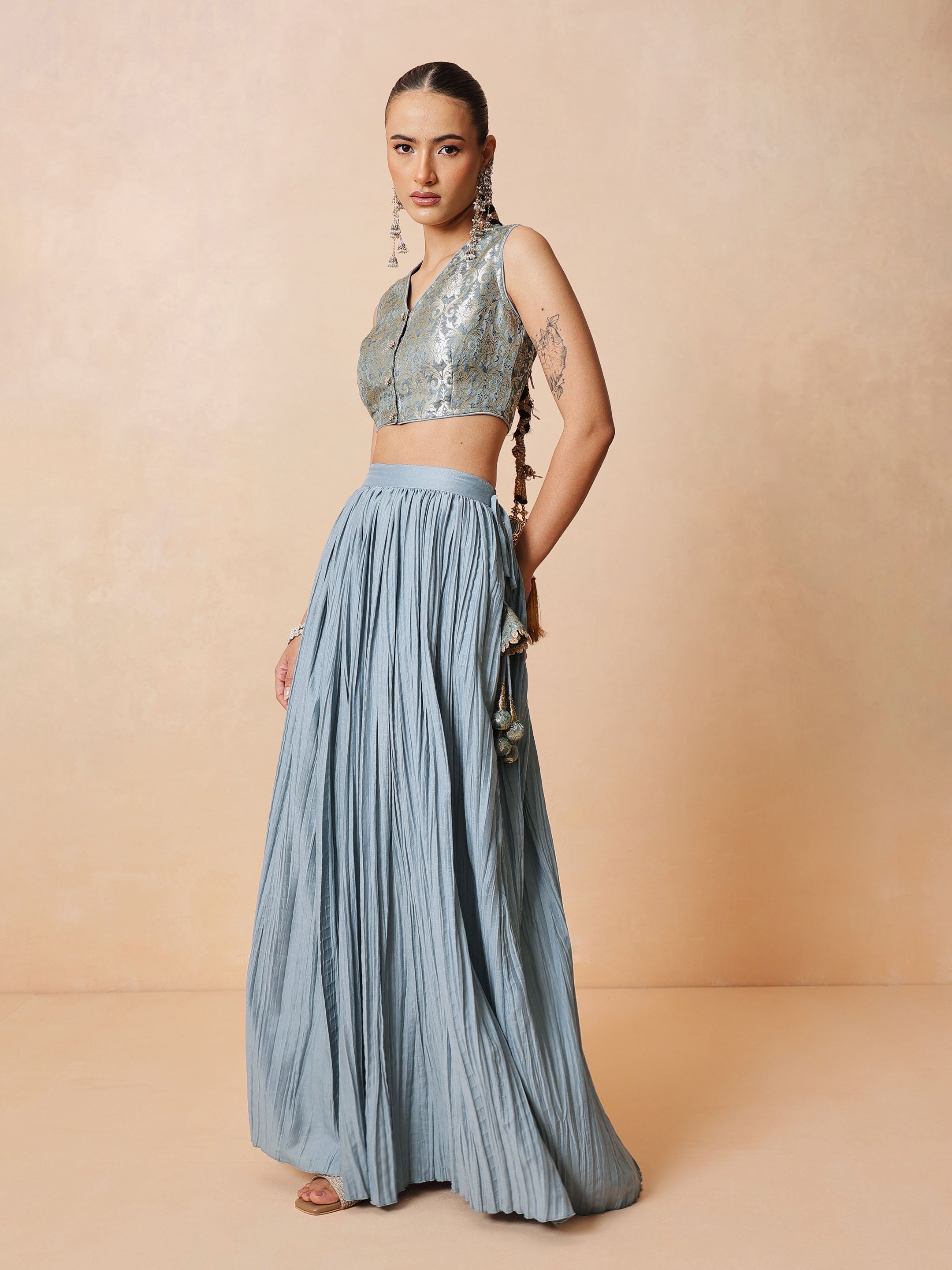 DesiQlo Powder Blue Brocade Sleeveless Crop Top With Pleated Skir