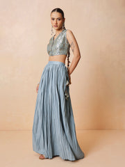 Women Powder Blue Brocade Sleeveless Crop Top With Pleated Skirt