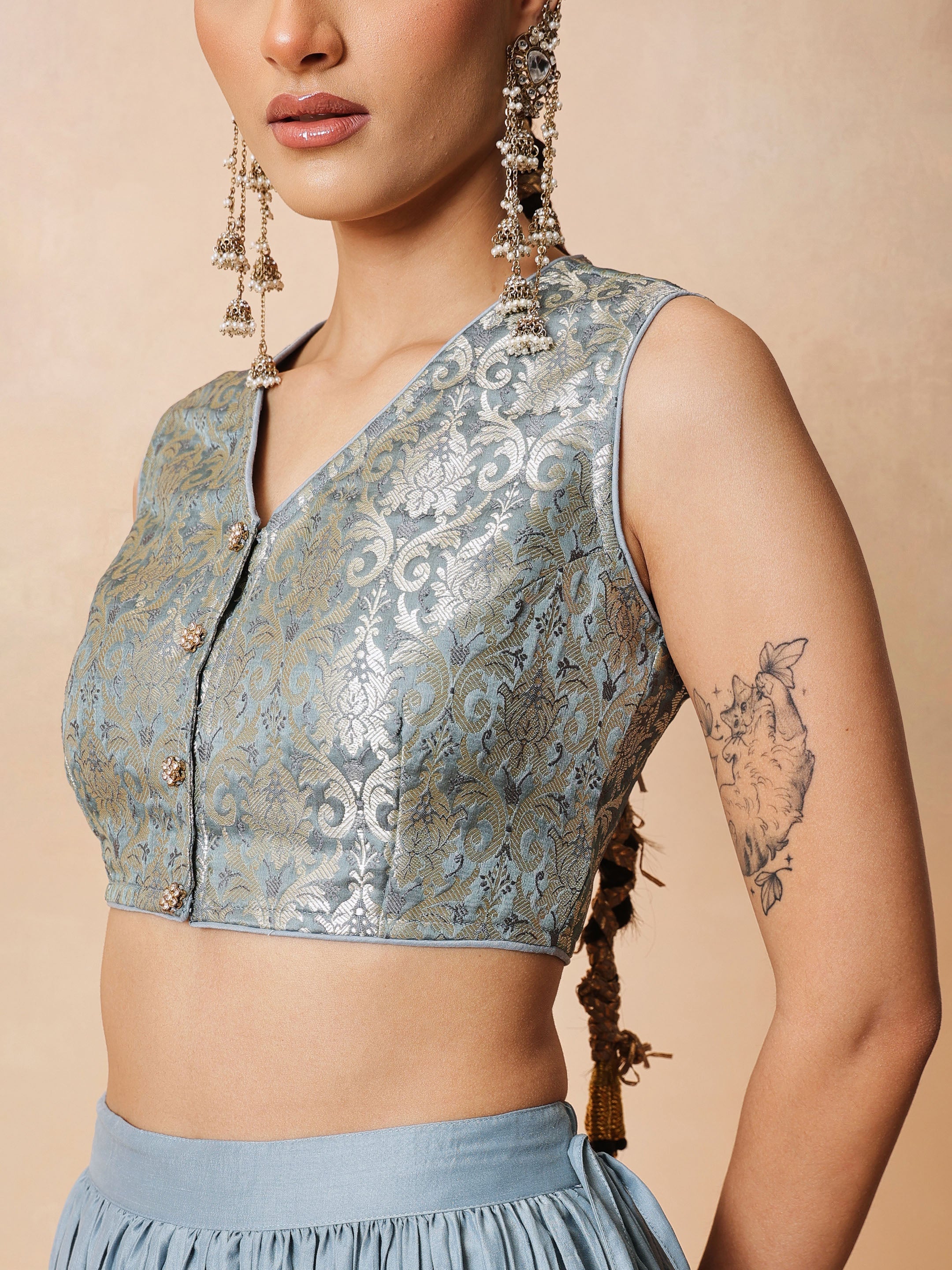 DesiQlo Powder Blue Brocade Sleeveless Crop Top With Pleated Skir