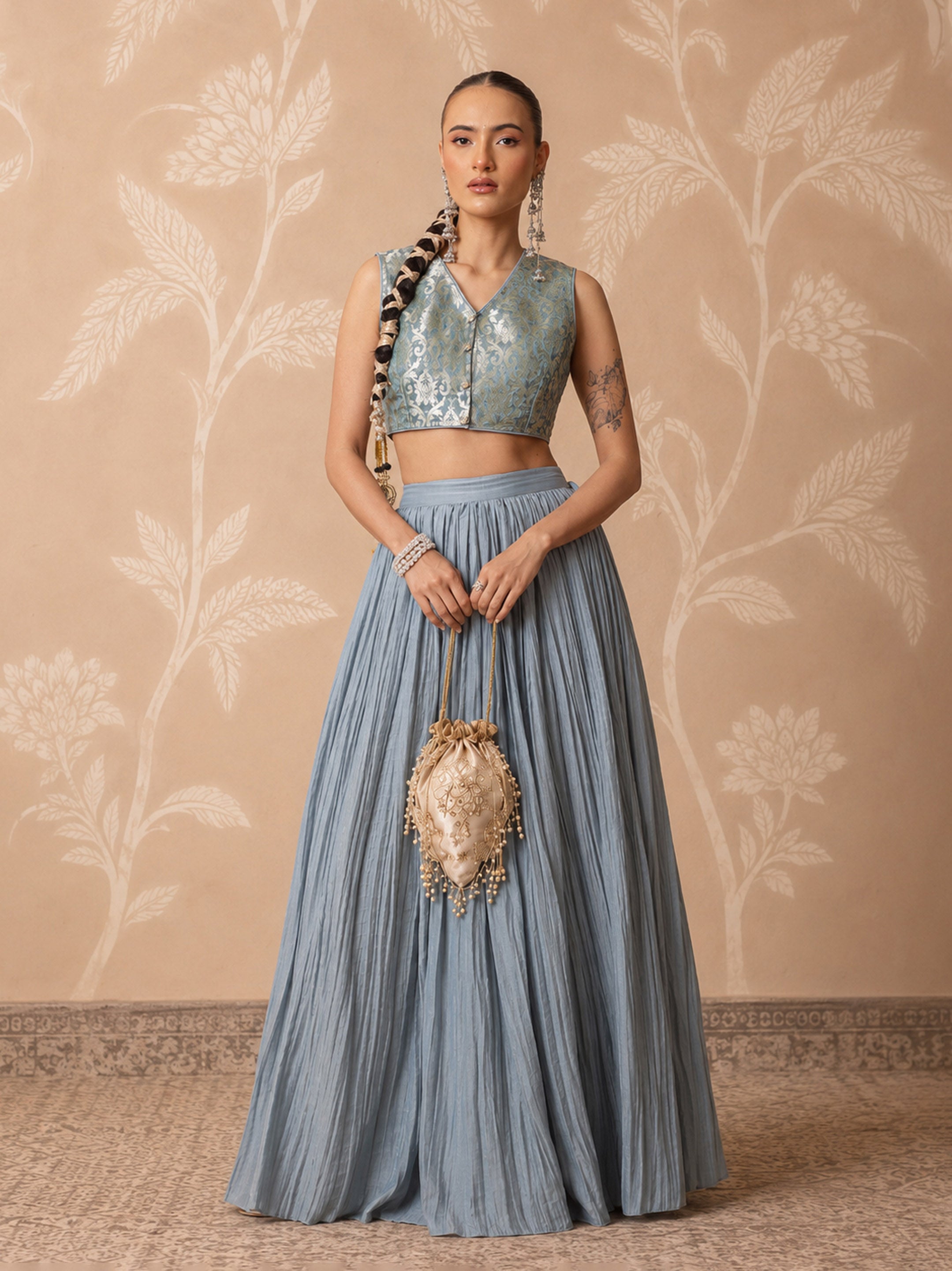 DesiQlo Powder Blue Brocade Sleeveless Crop Top With Pleated Skir
