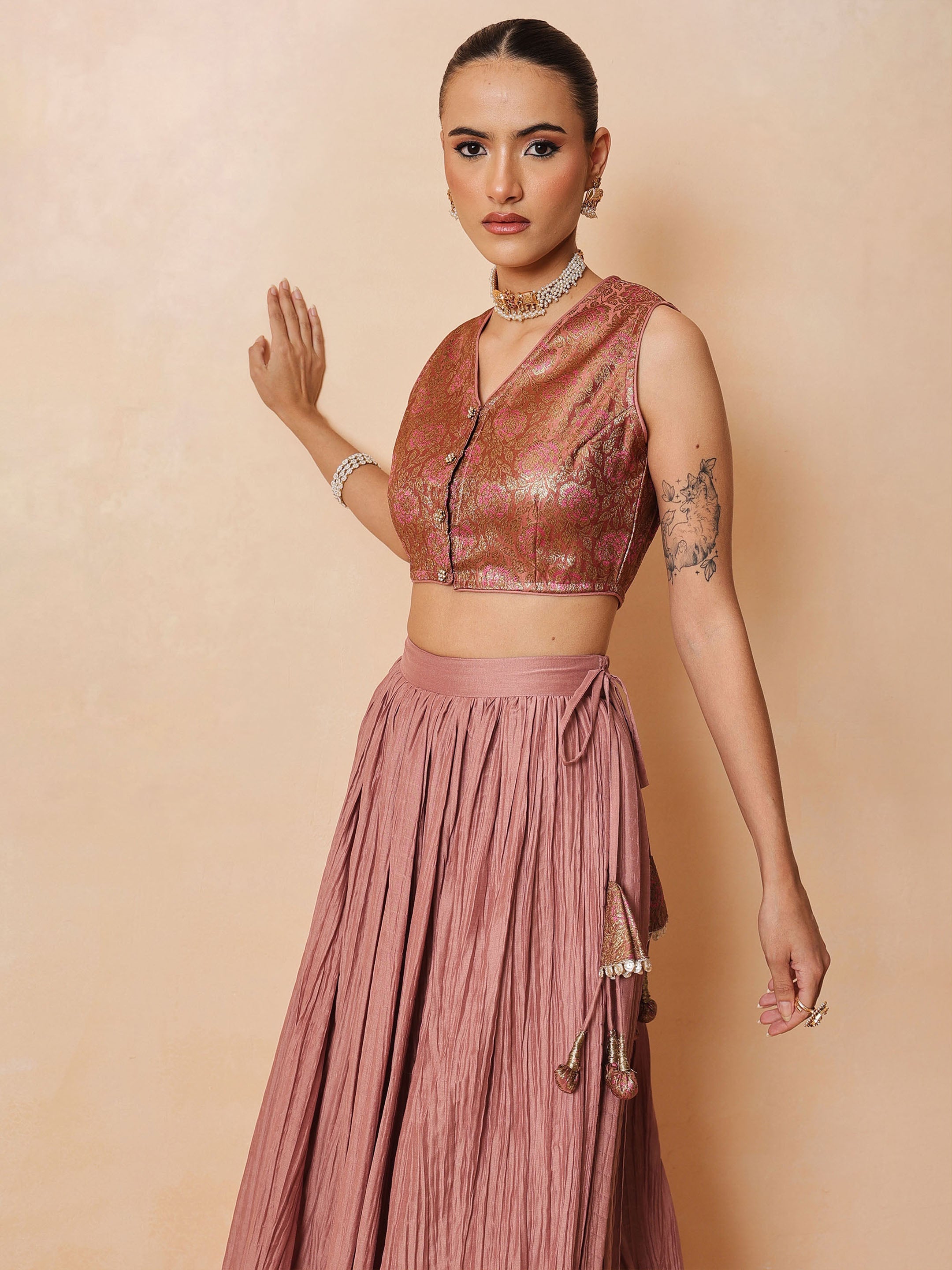 DesiQlo Onion Pink Brocade Sleeveless Crop Top With Pleated Skirt