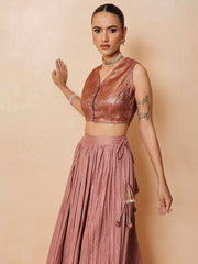 Women Onion Pink Brocade Sleeveless Crop Top With Pleated Skirt