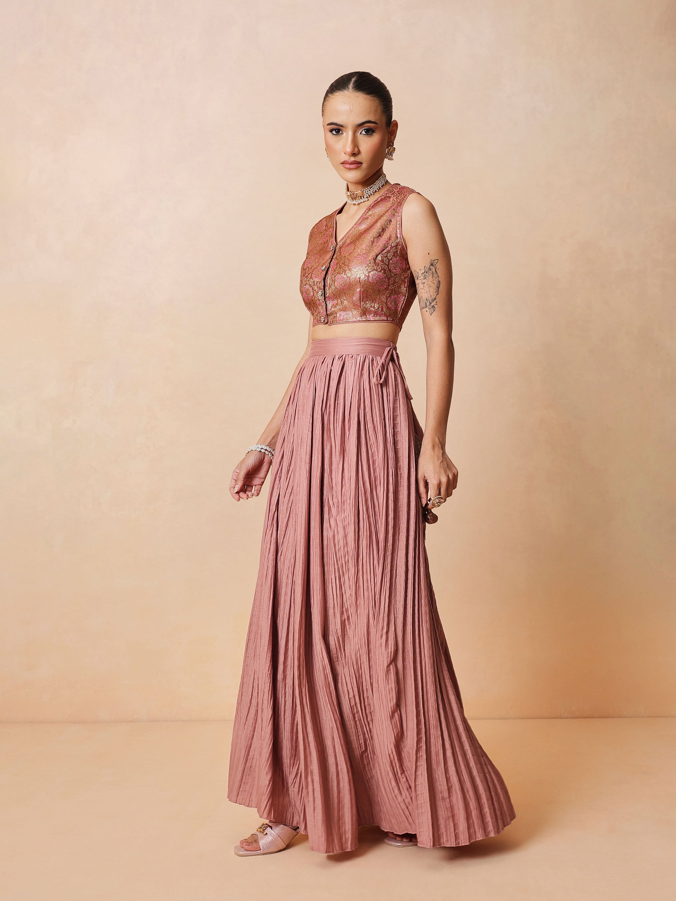 DesiQlo Onion Pink Brocade Sleeveless Crop Top With Pleated Skirt