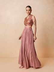 Women Onion Pink Brocade Sleeveless Crop Top With Pleated Skirt