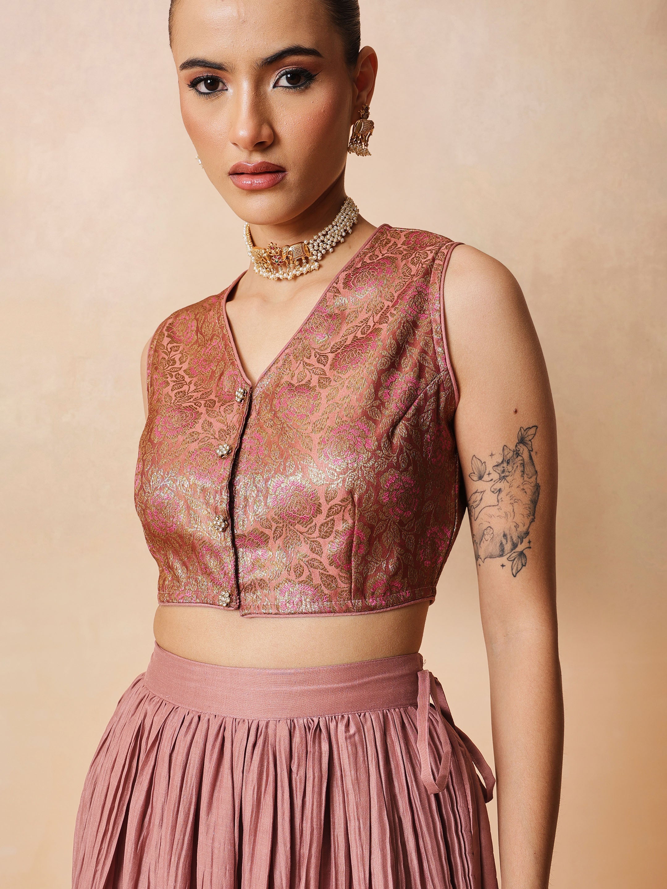 DesiQlo Onion Pink Brocade Sleeveless Crop Top With Pleated Skirt