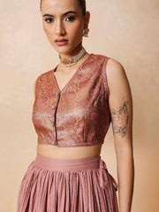Women Onion Pink Brocade Sleeveless Crop Top With Pleated Skirt