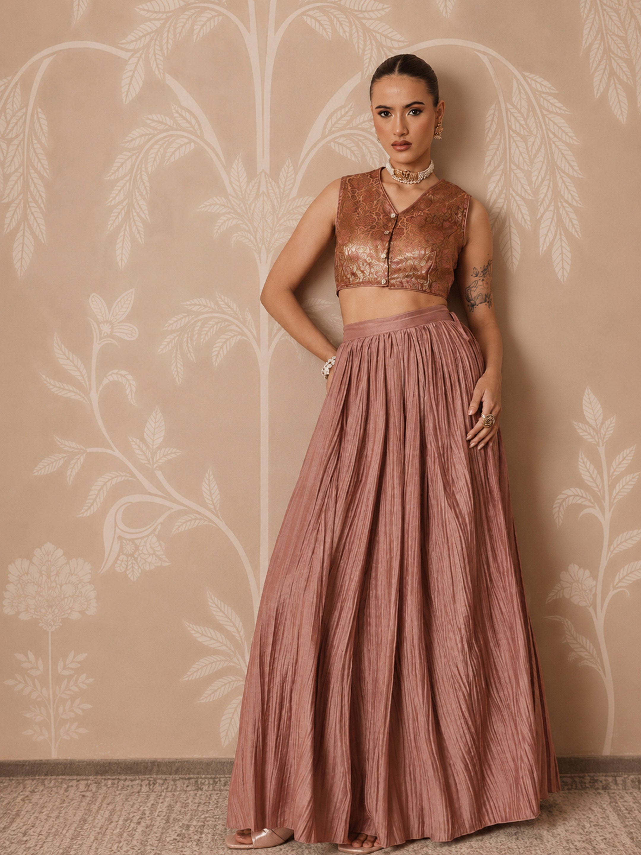 DesiQlo Onion Pink Brocade Sleeveless Crop Top With Pleated Skirt