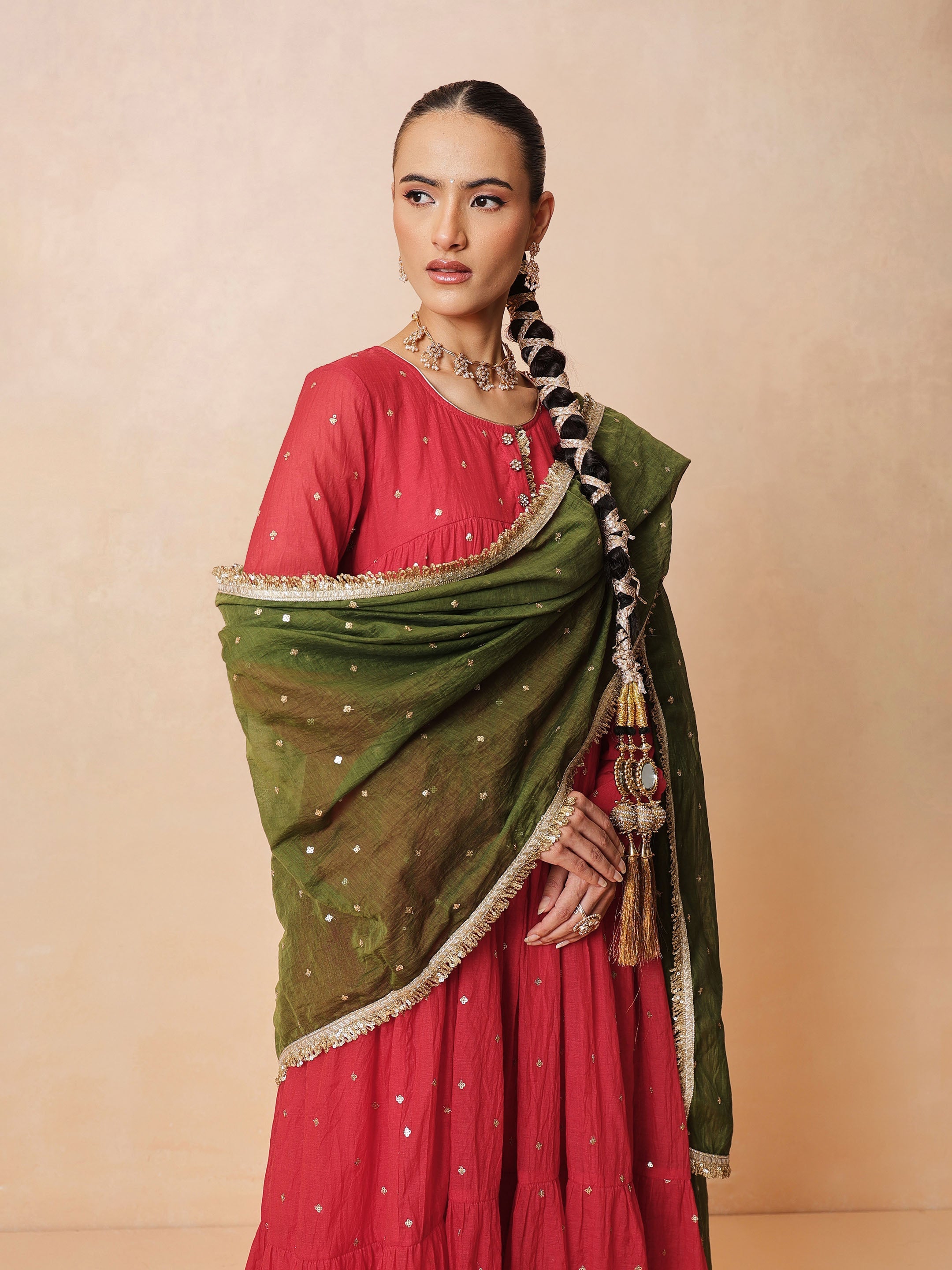 DesiQlo Red Chanderi Tiered Kurta With Straight Pants & Dupatta -