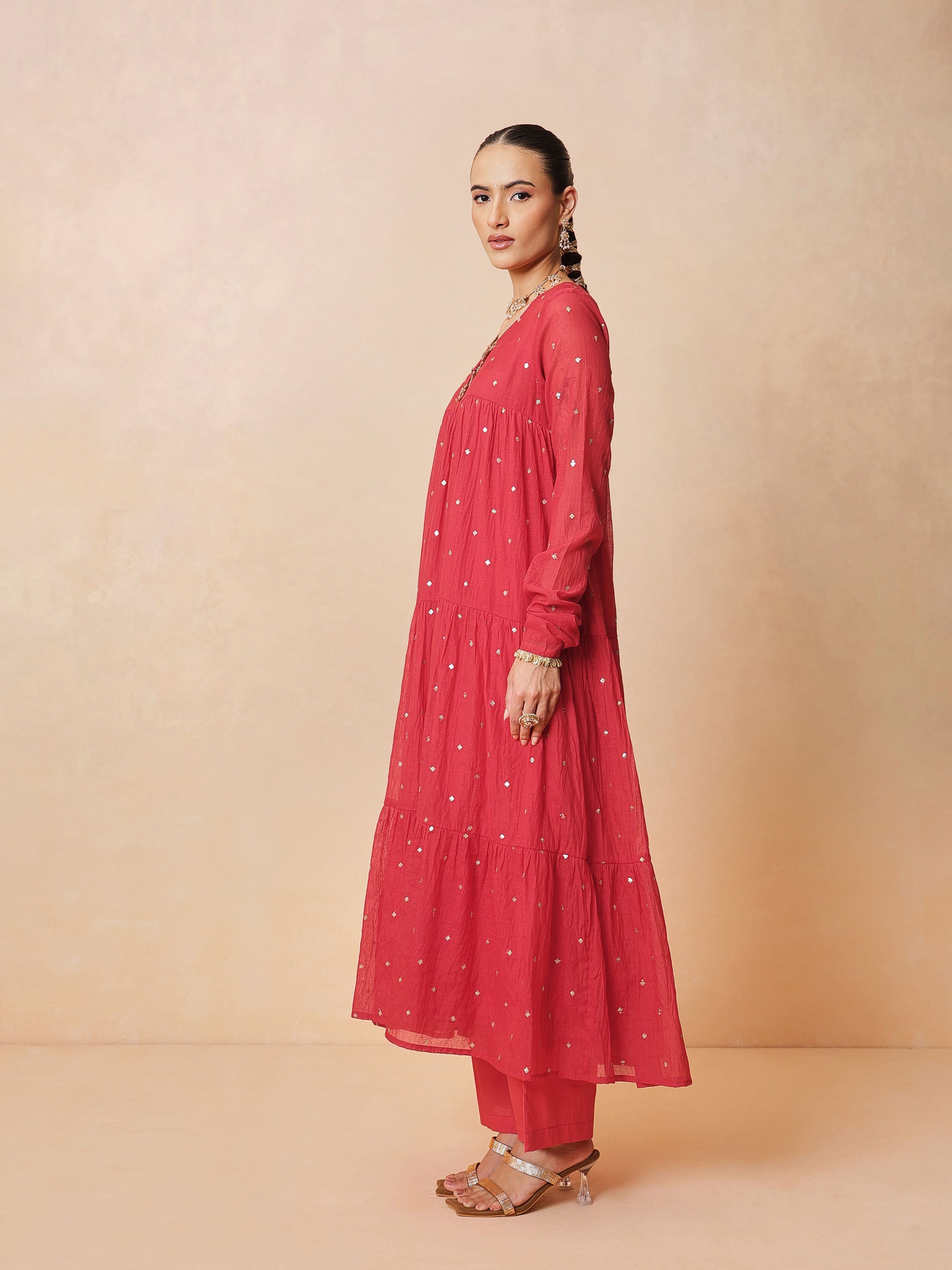 DesiQlo Red Chanderi Tiered Kurta With Straight Pants & Dupatta -
