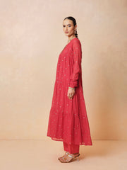 Women Red Chanderi Tiered Kurta With Straight Pants & Dupatta