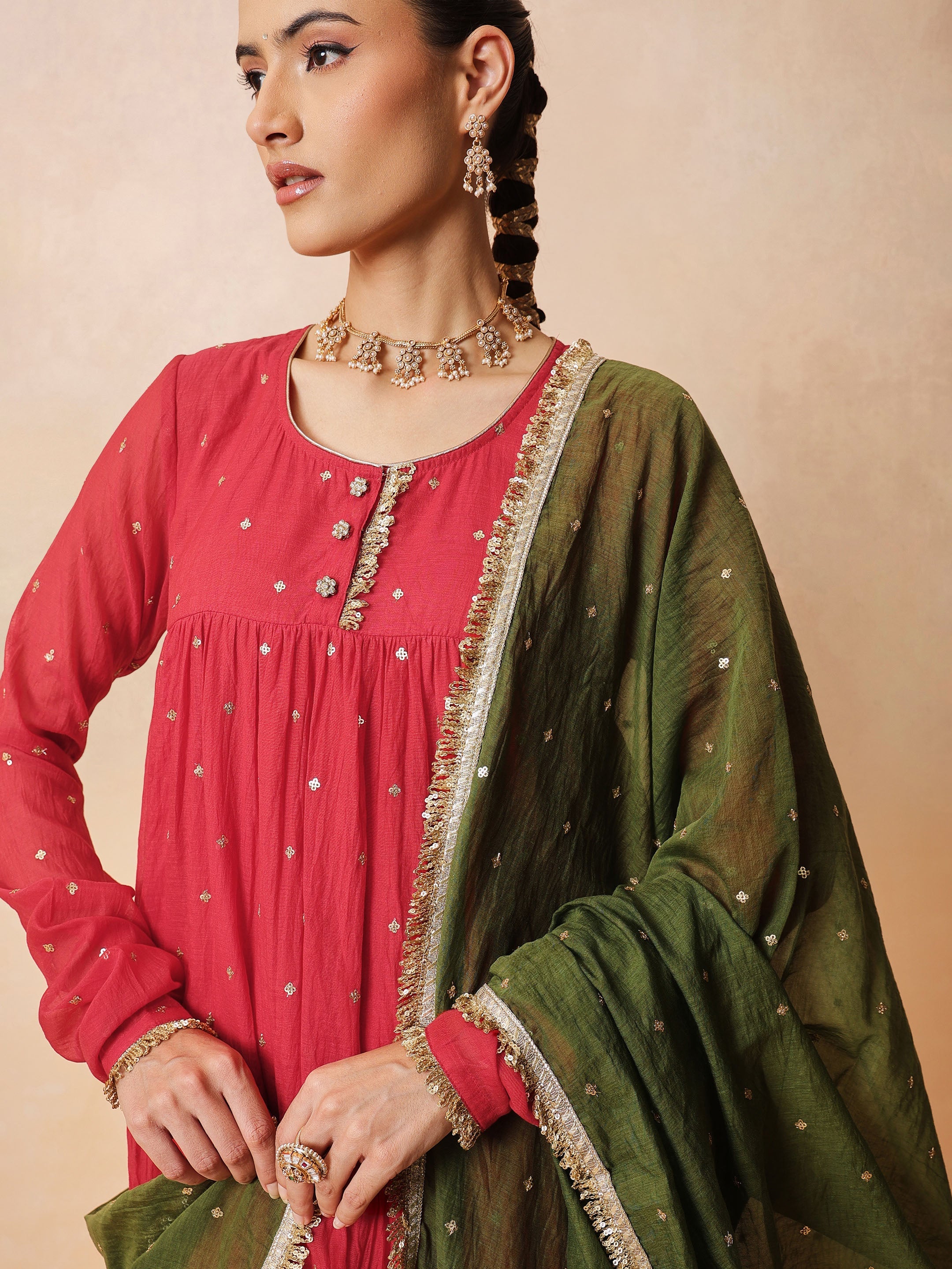 DesiQlo Red Chanderi Tiered Kurta With Straight Pants & Dupatta -
