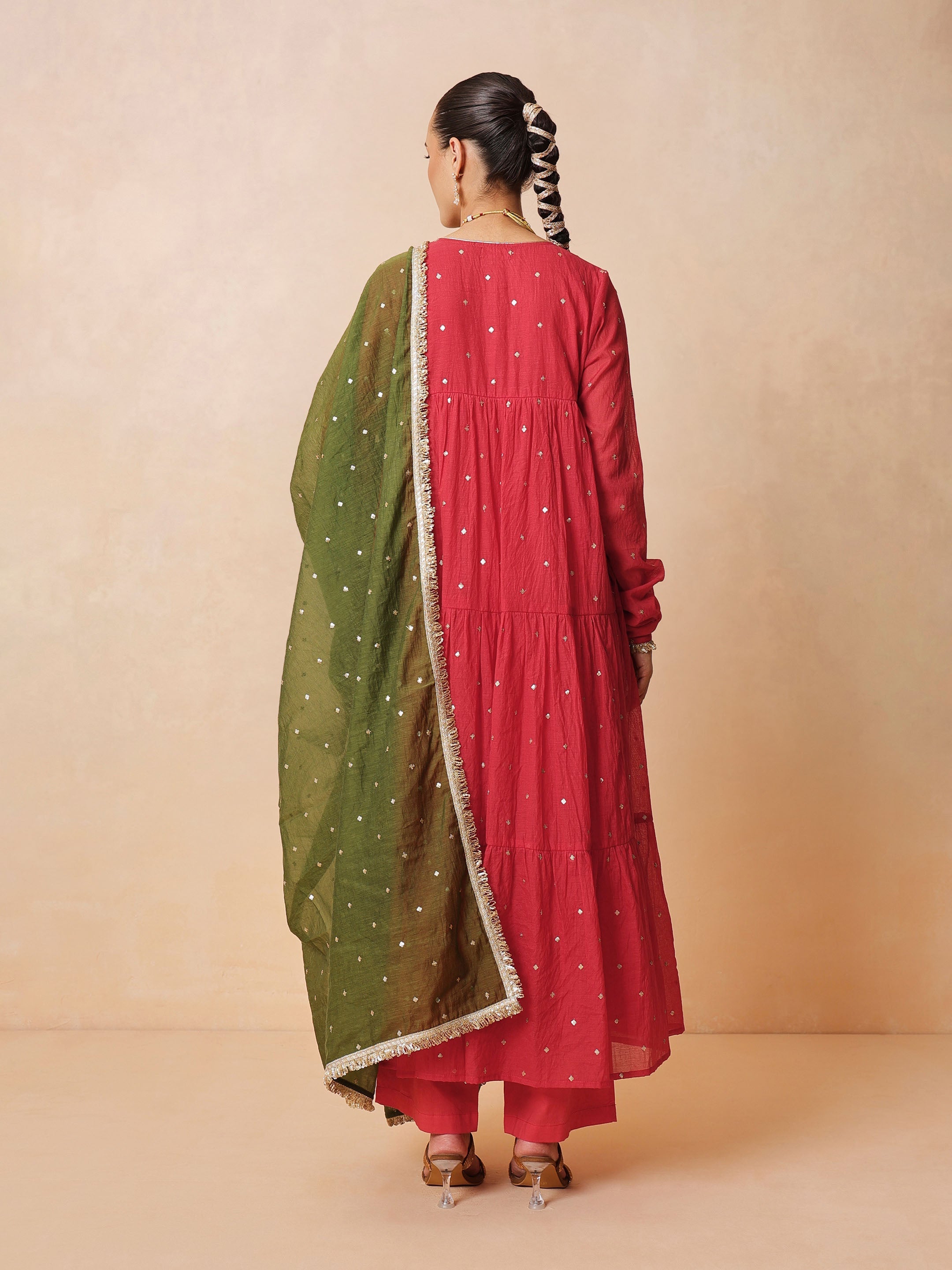 DesiQlo Red Chanderi Tiered Kurta With Straight Pants & Dupatta -