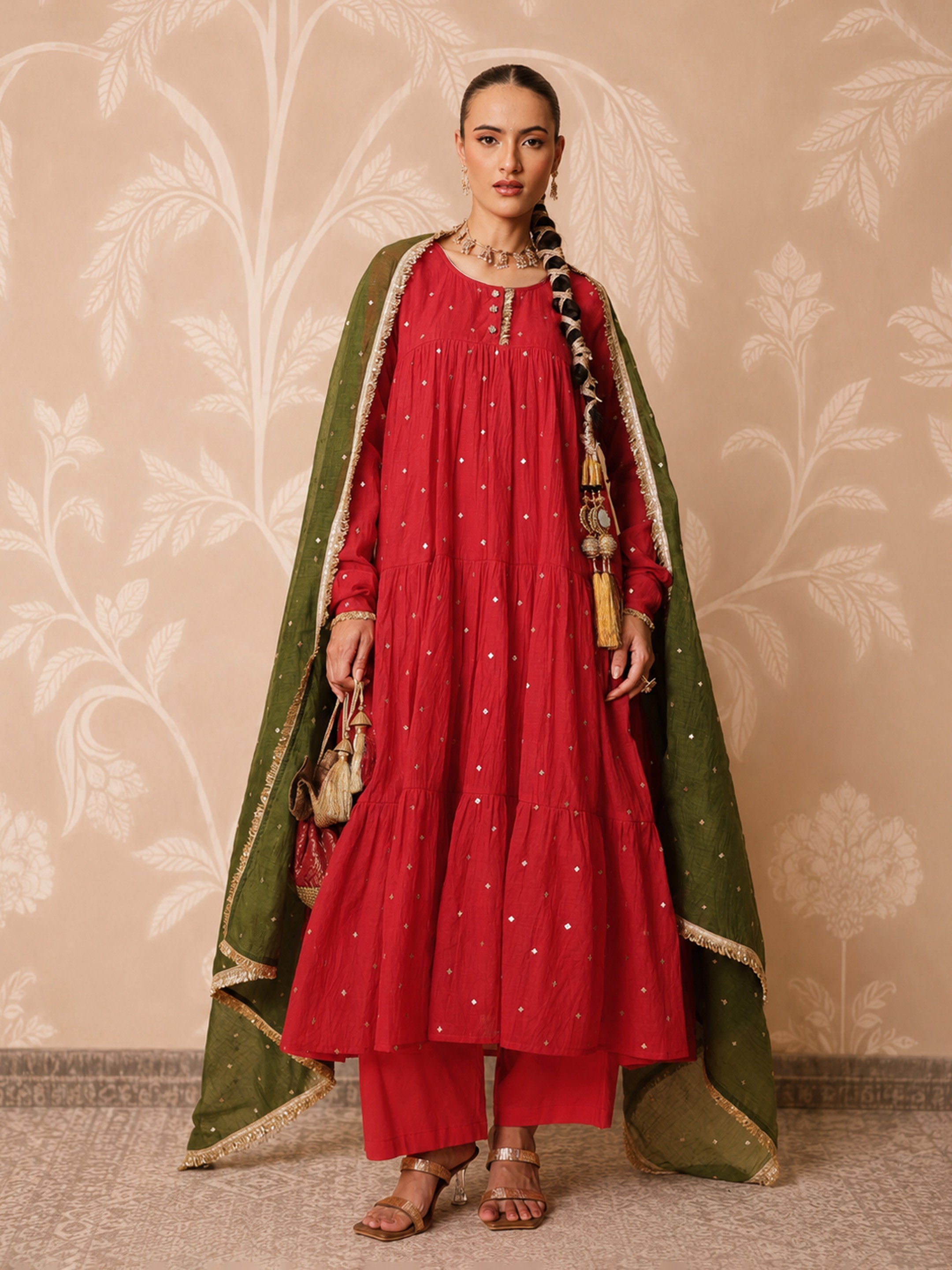 DesiQlo Red Chanderi Tiered Kurta With Straight Pants & Dupatta -