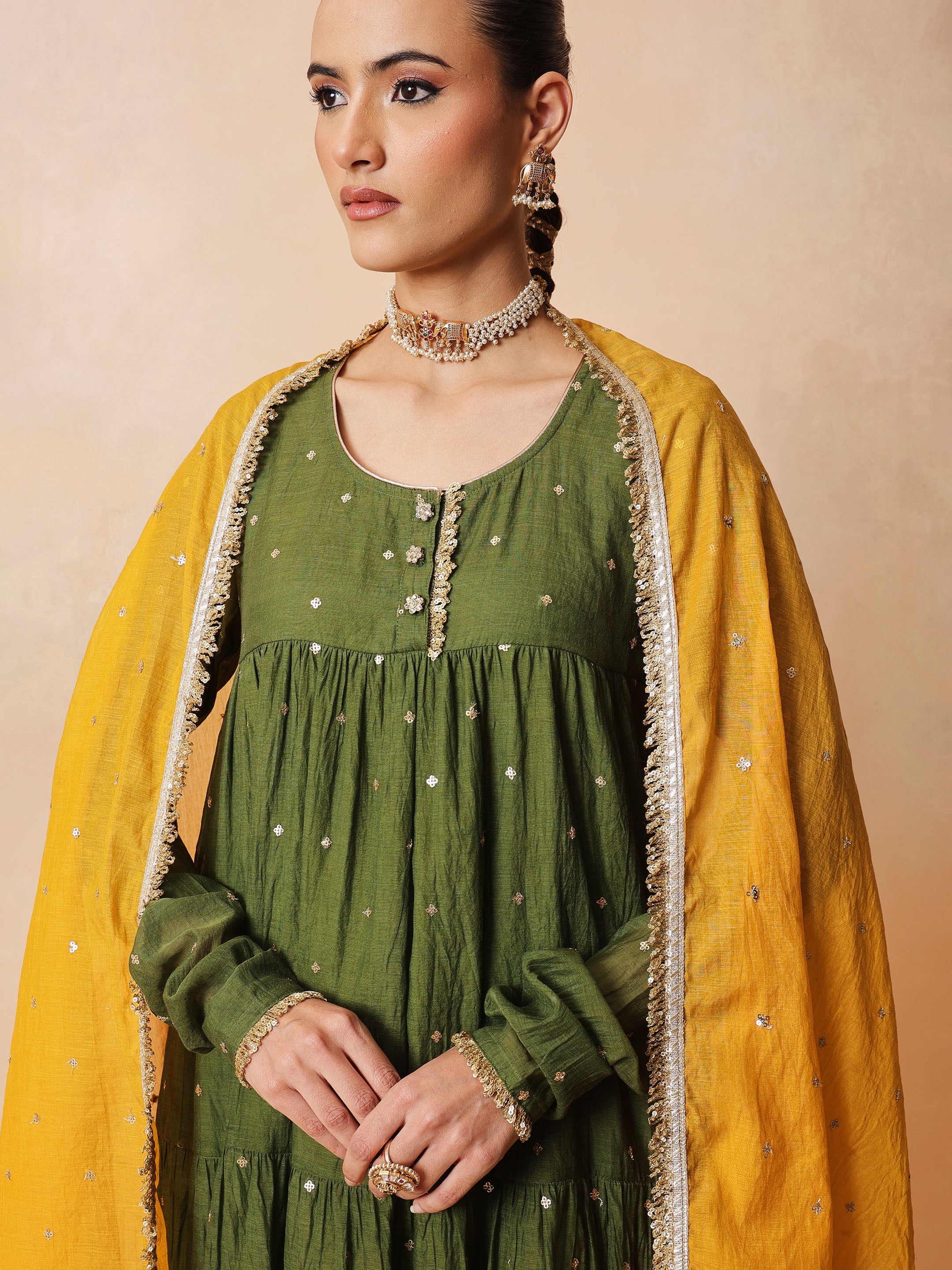 DesiQlo Olive Chanderi Tiered Kurta With Straight Pants & Dupatta