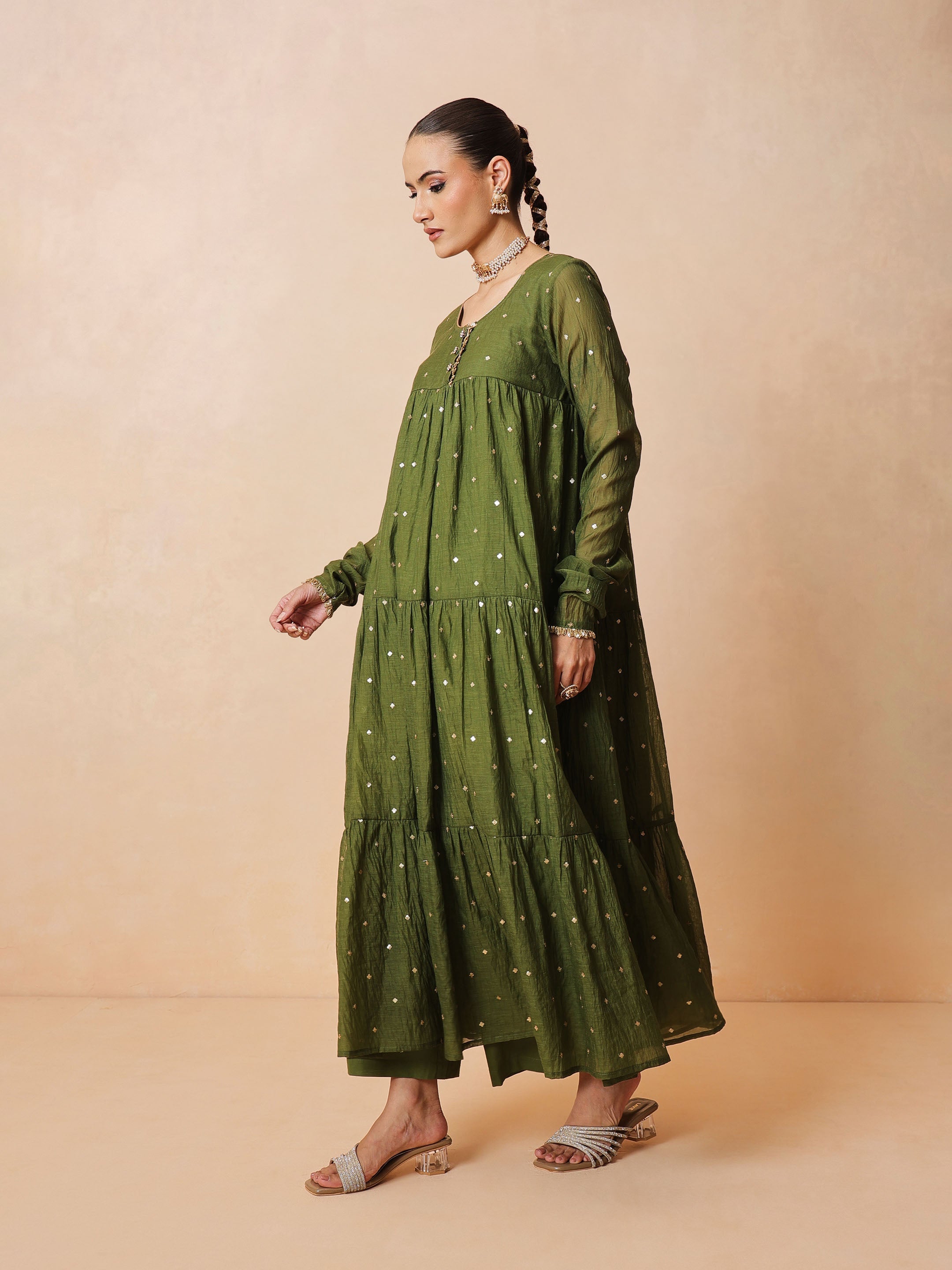 DesiQlo Olive Chanderi Tiered Kurta With Straight Pants & Dupatta