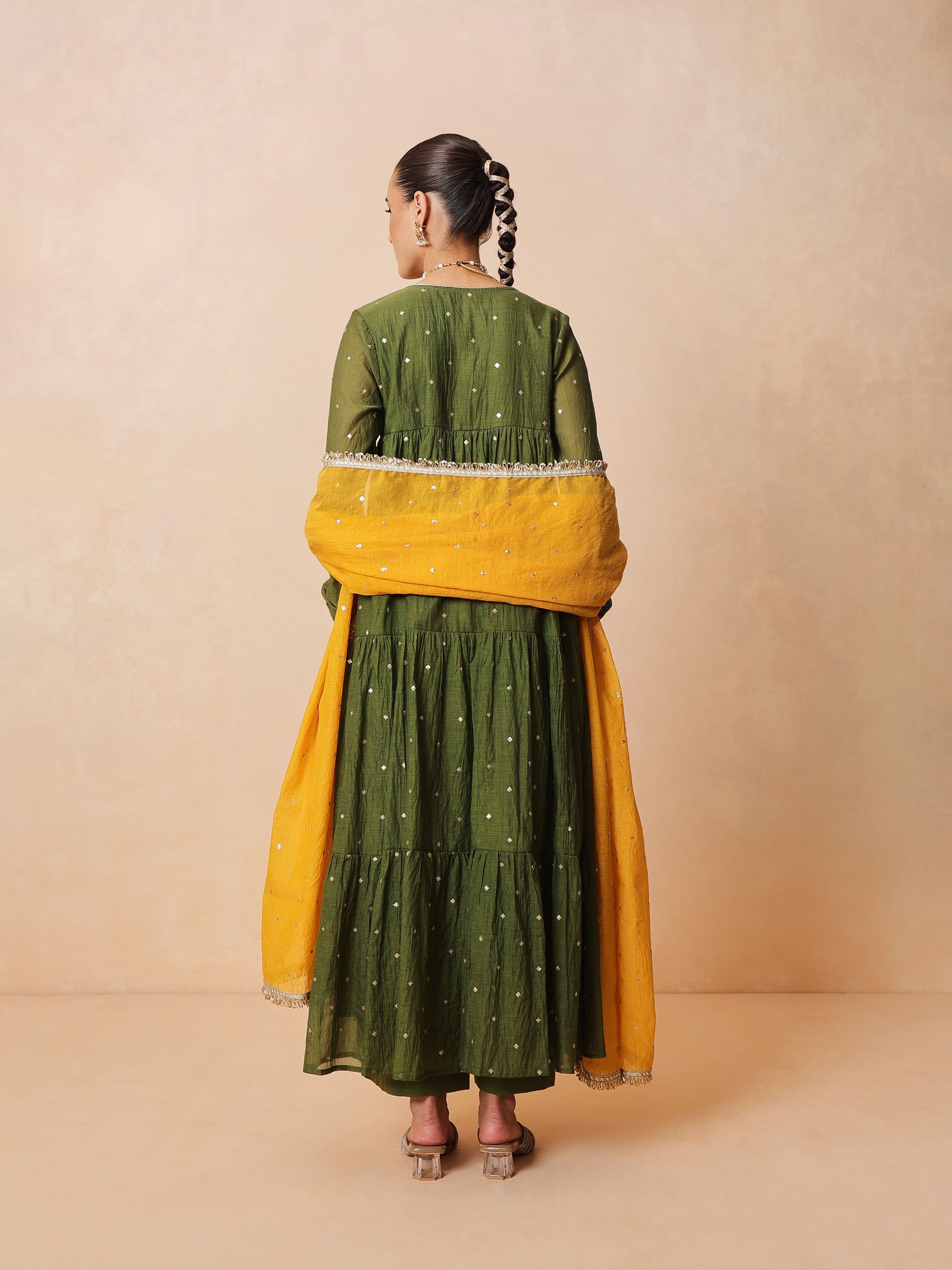 DesiQlo Olive Chanderi Tiered Kurta With Straight Pants & Dupatta
