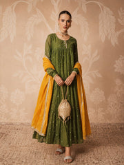 Women Olive Chanderi Tiered Kurta With Straight Pants & Dupatta