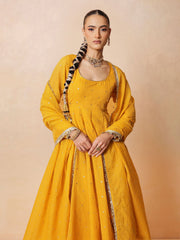 Women Yellow Chanderi Anarkali Kurta With Straight Pants & Dupatta