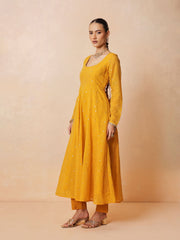 Women Yellow Chanderi Anarkali Kurta With Straight Pants & Dupatta
