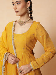 Women Yellow Chanderi Anarkali Kurta With Straight Pants & Dupatta