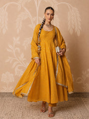 Women Yellow Chanderi Anarkali Kurta With Straight Pants & Dupatta