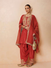 Women Maroon Embroidered Choga Kurta With Farshi Salwar & Dupatta