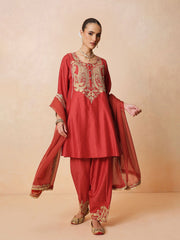 Women Maroon Embroidered Choga Kurta With Farshi Salwar & Dupatta