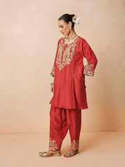 Women Maroon Embroidered Choga Kurta With Farshi Salwar & Dupatta