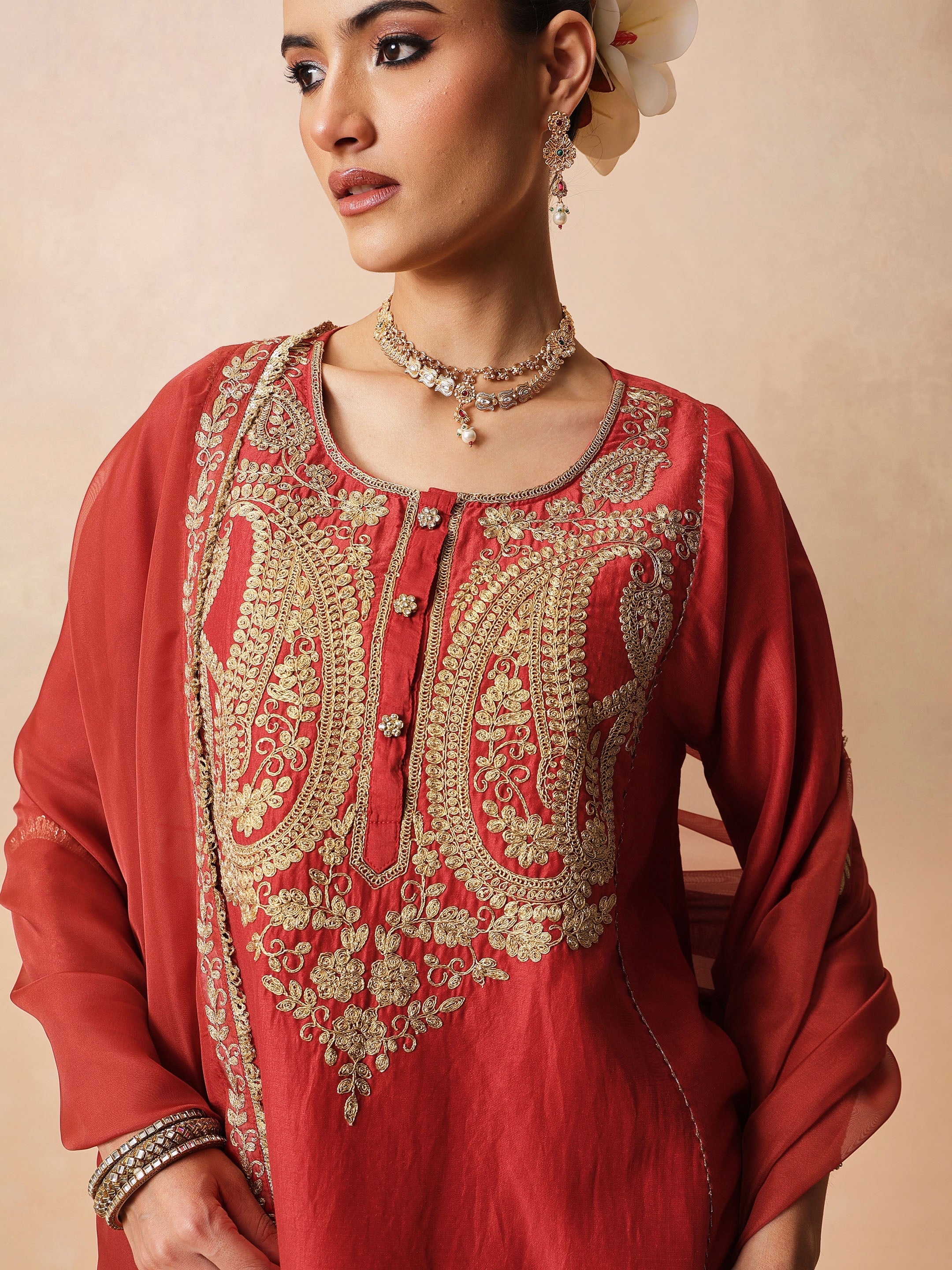 DesiQlo Maroon Embroidered Choga Kurta With Farshi Salwar & Dupat