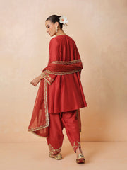 Women Maroon Embroidered Choga Kurta With Farshi Salwar & Dupatta