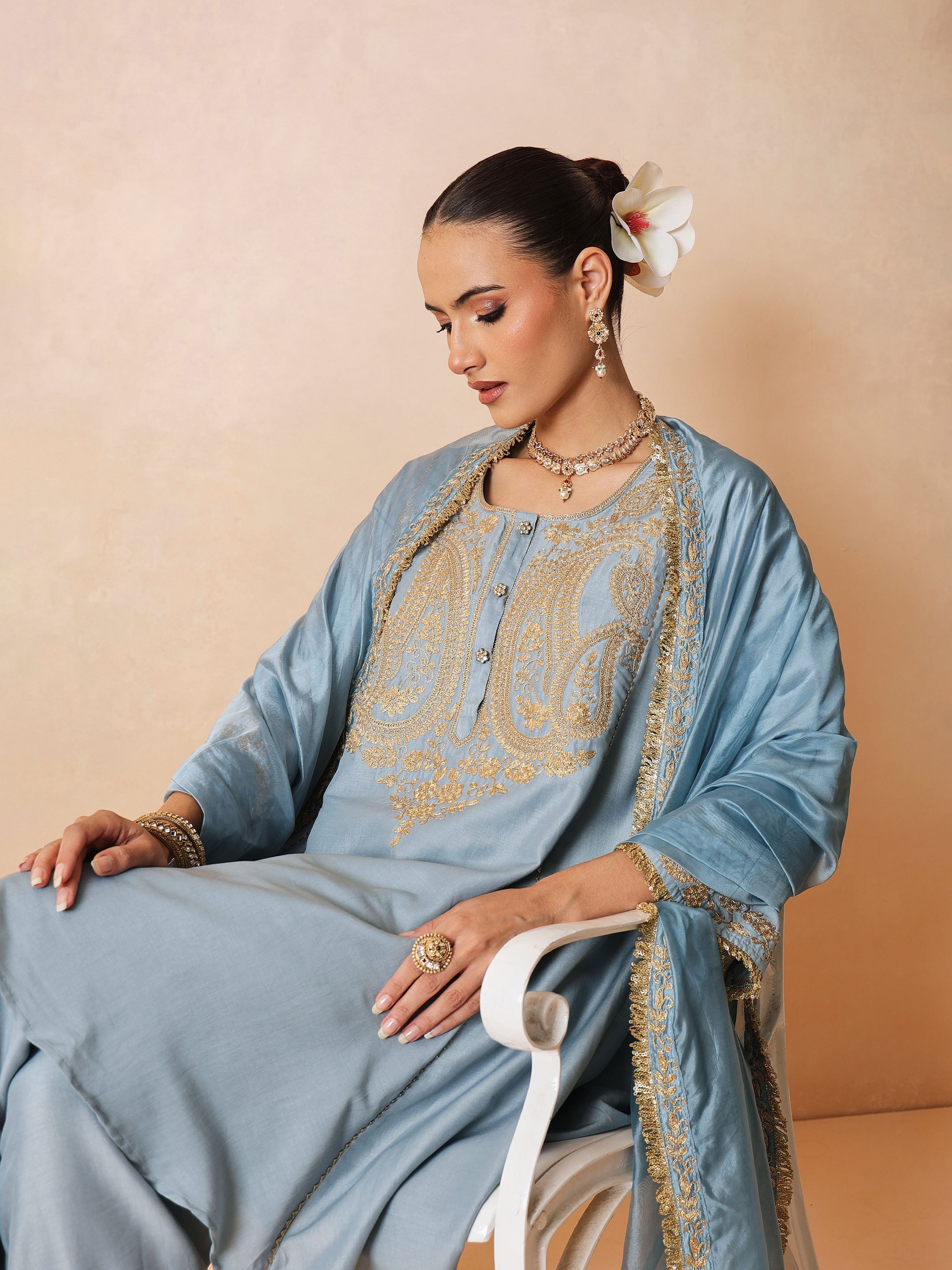 DesiQlo Powder Blue Embroidered Choga Kurta With Farshi Salwar & 