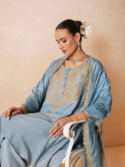 Women Powder Blue Embroidered Choga Kurta With Farshi Salwar & Dupatta