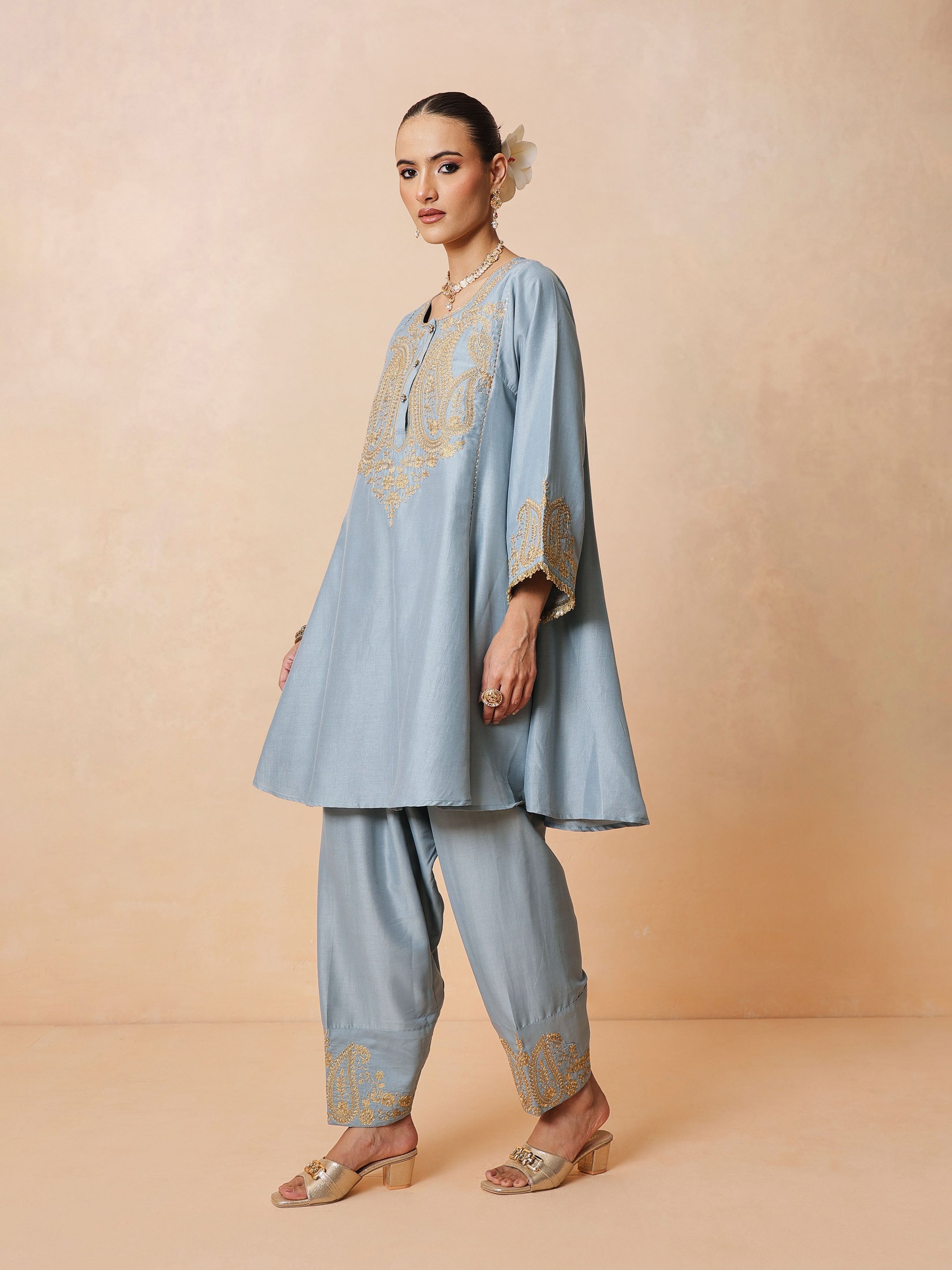 DesiQlo Powder Blue Embroidered Choga Kurta With Farshi Salwar & 