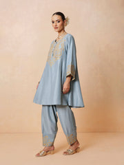 Women Powder Blue Embroidered Choga Kurta With Farshi Salwar & Dupatta
