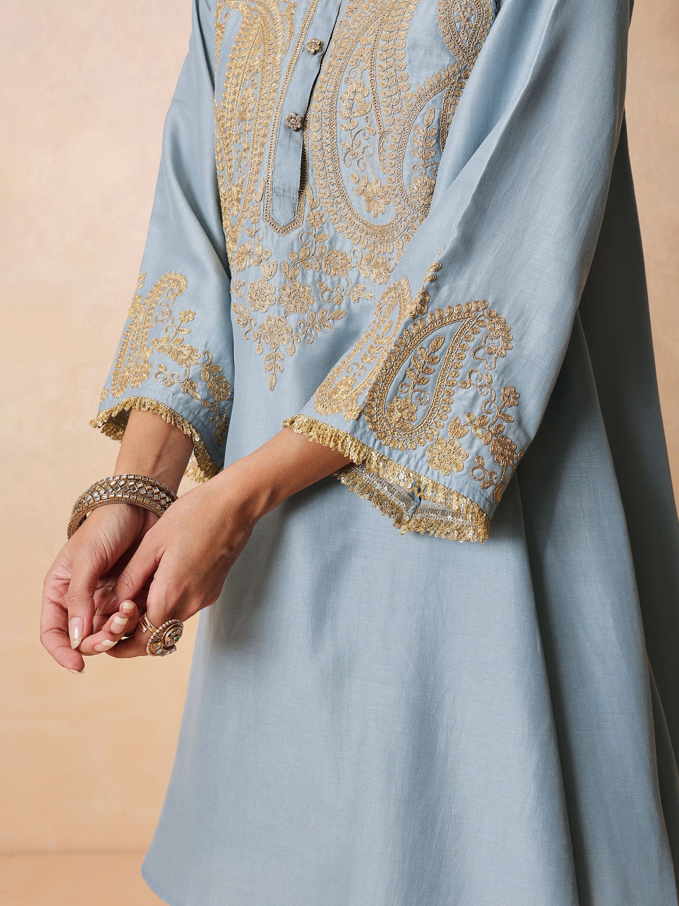 DesiQlo Powder Blue Embroidered Choga Kurta With Farshi Salwar & 