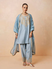 Women Powder Blue Embroidered Choga Kurta With Farshi Salwar & Dupatta