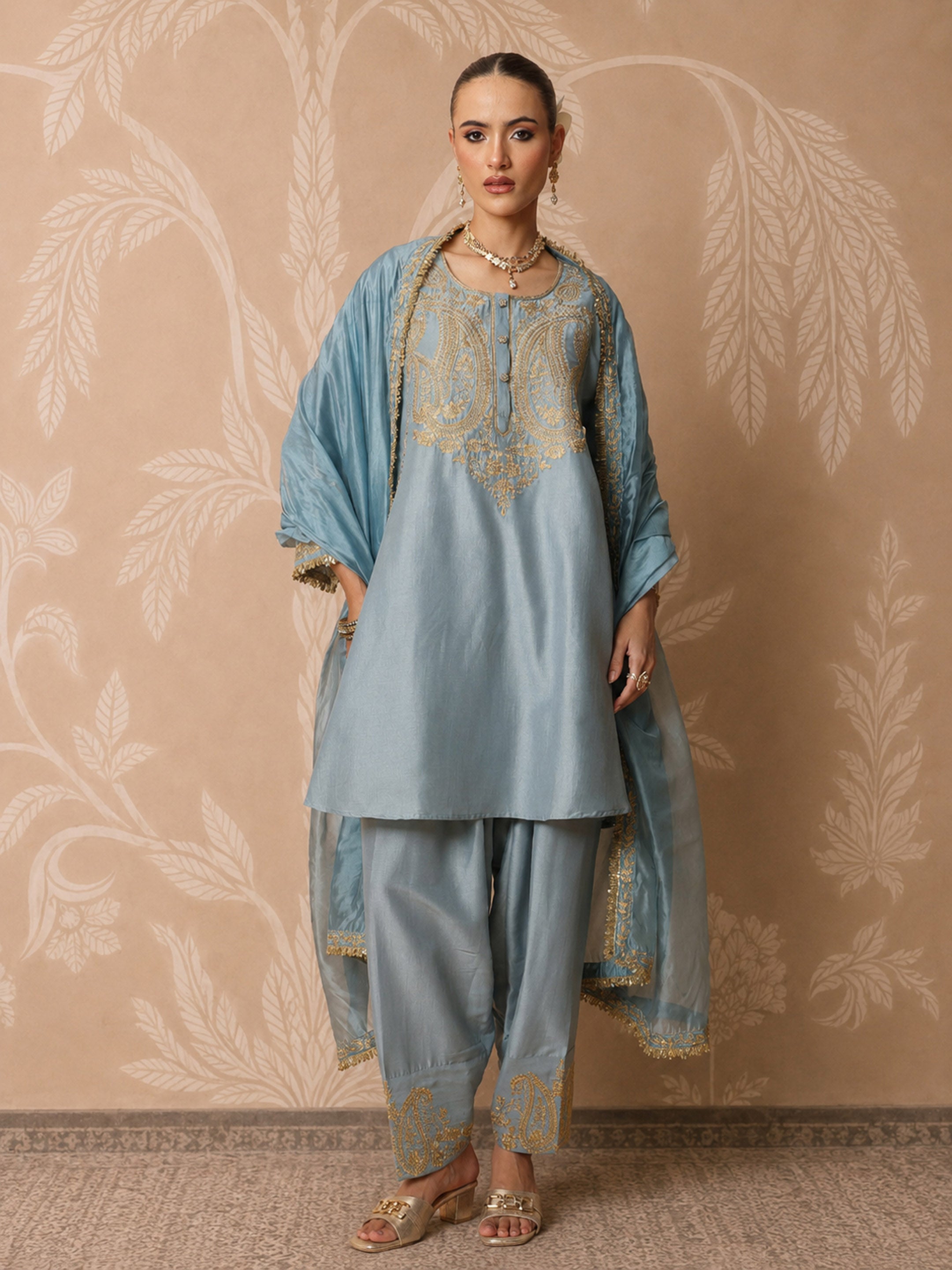 DesiQlo Powder Blue Embroidered Choga Kurta With Farshi Salwar & 