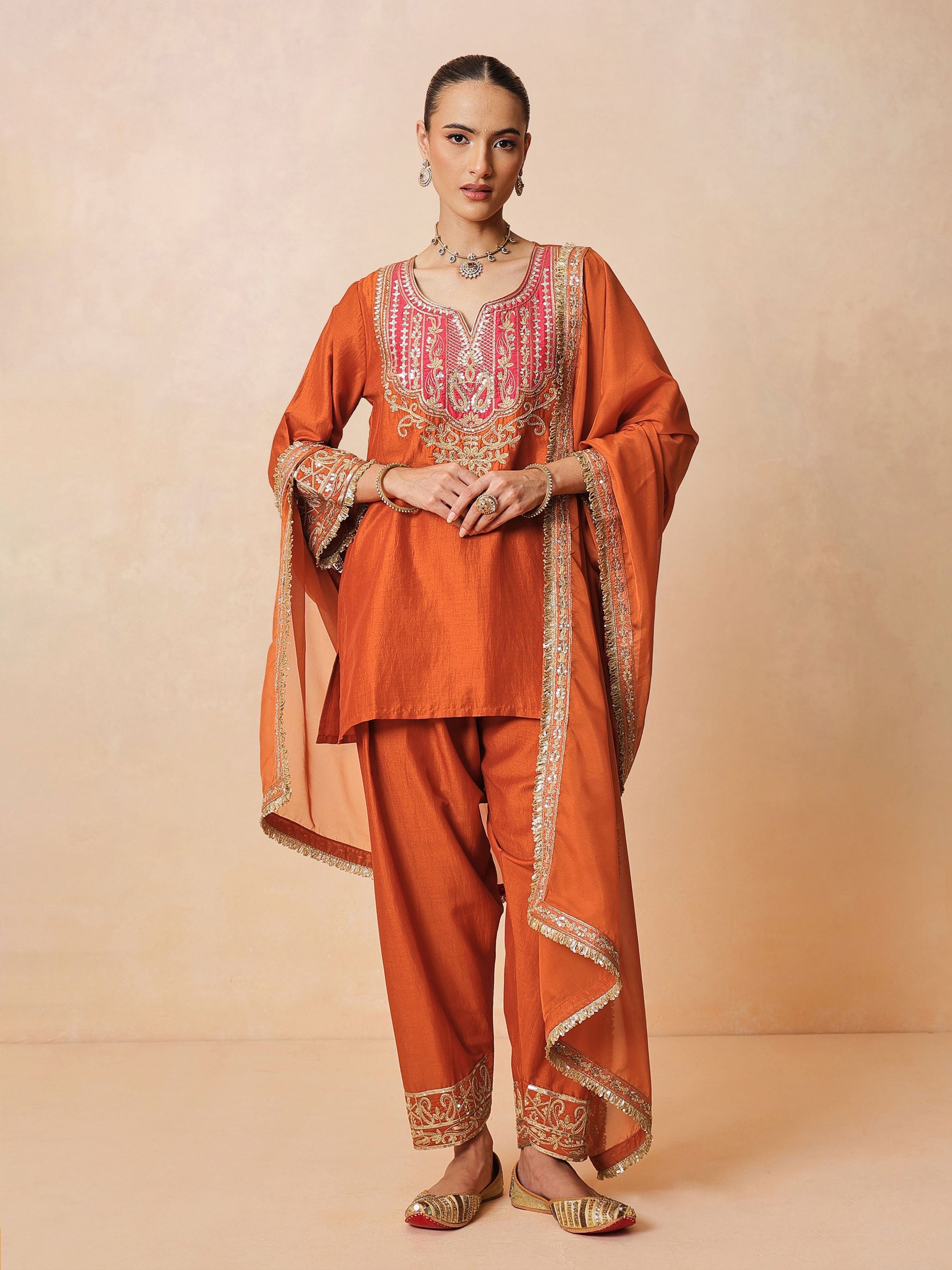 DesiQlo Orange Embroidered Short Kurta With Farshi Salwar & Dupat