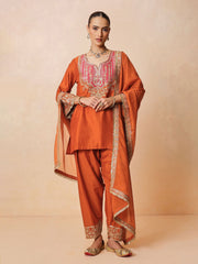 Women Orange Embroidered Short Kurta With Farshi Salwar & Dupatta