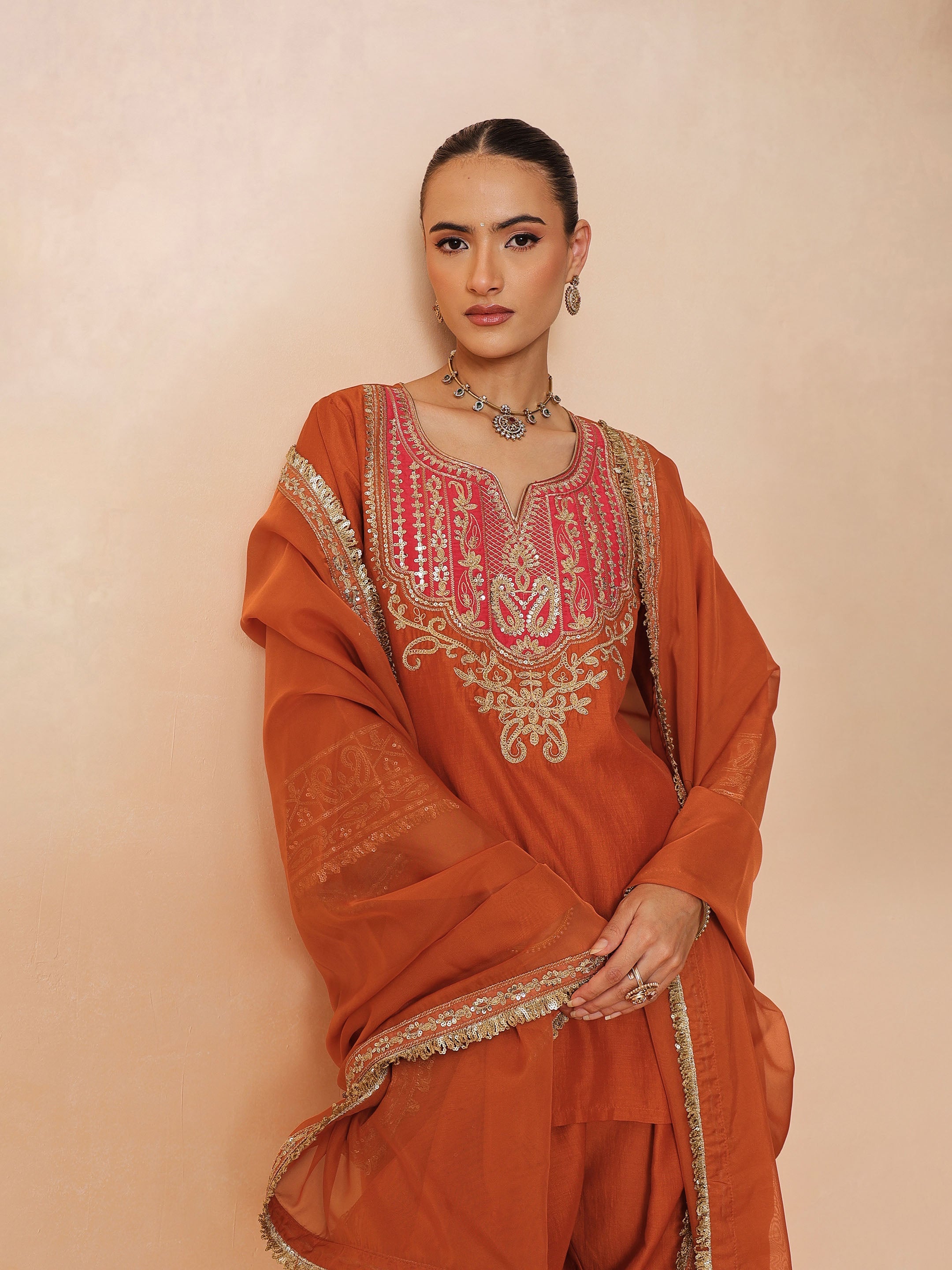 DesiQlo Orange Embroidered Short Kurta With Farshi Salwar & Dupat