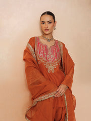 Women Orange Embroidered Short Kurta With Farshi Salwar & Dupatta