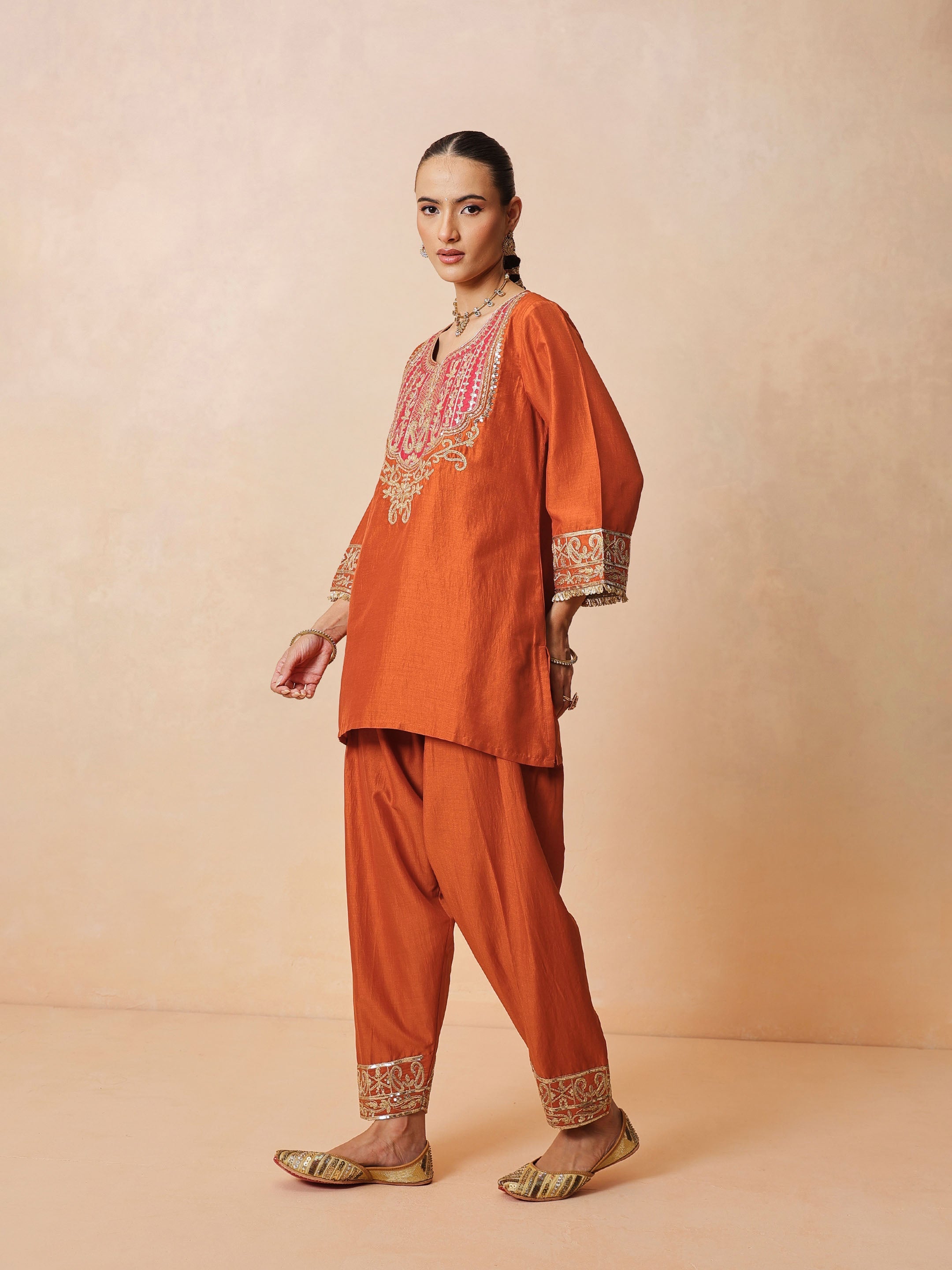 DesiQlo Orange Embroidered Short Kurta With Farshi Salwar & Dupat